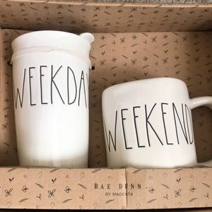 Rae Dunn coffee tumbler/mug set “weekday” “weekend”